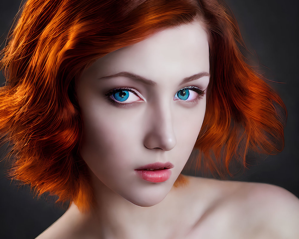 Portrait of Woman with Striking Blue Eyes and Red Hair on Dark Background