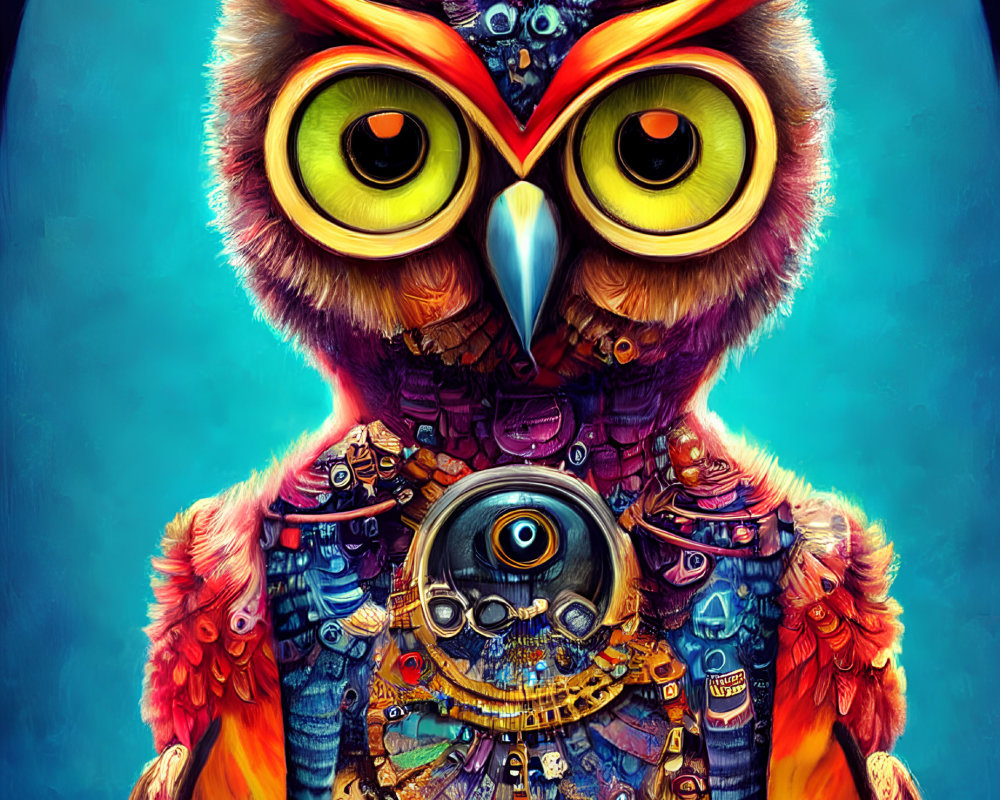 Colorful stylized owl with mechanical torso against blue backdrop