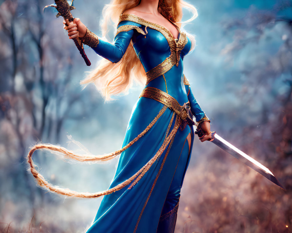 Woman in Blue Medieval Costume with Sword and Rope in Mystical Forest