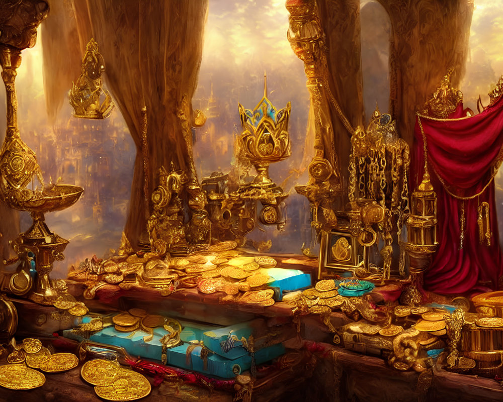 Opulent treasure room with gold coins, jeweled crowns, and ornate goblets