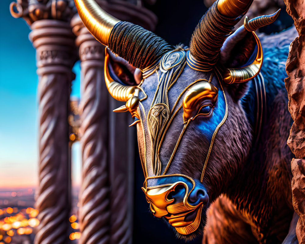 Stylized metallic bull with intricate designs and large horns in cityscape sunset.