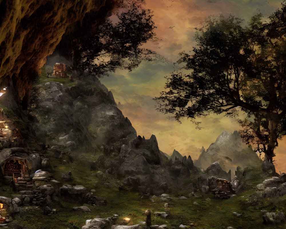 Fantasy landscape with rugged valley, tree, ruins, cave entrance, twilight sky