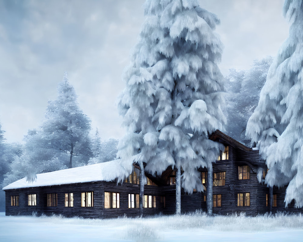 Snow-covered log cabin in serene winter scene with frosted pine trees