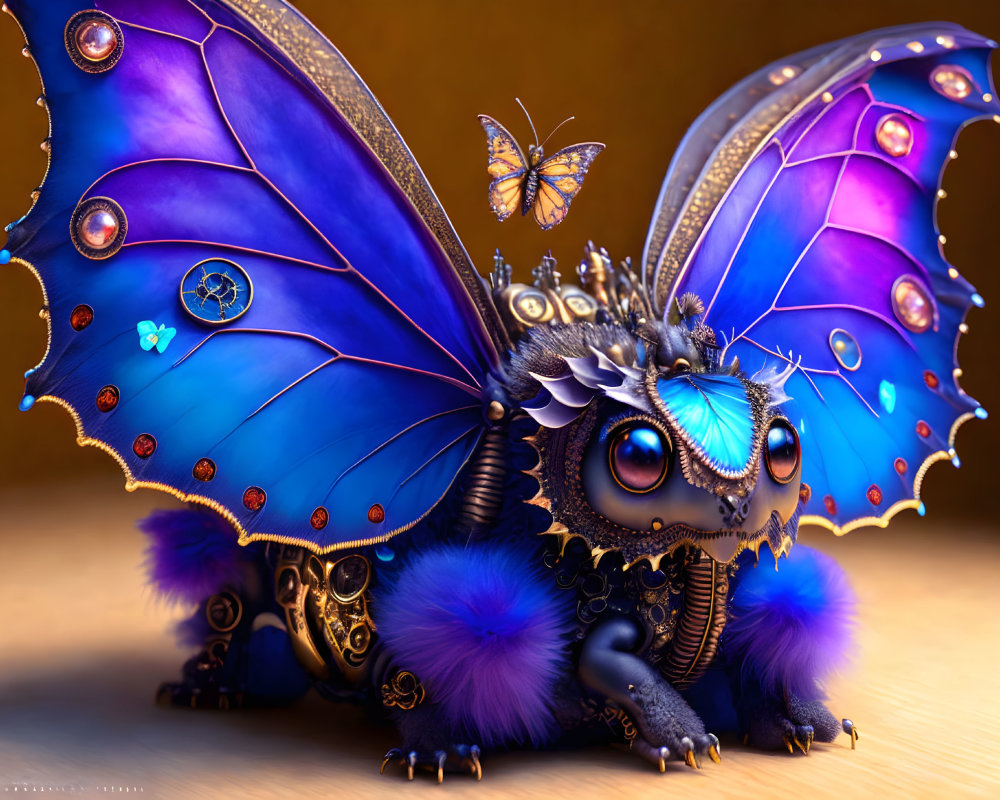 Fantastical creature with butterfly-dragon fusion, blue wings, patterns, and fur