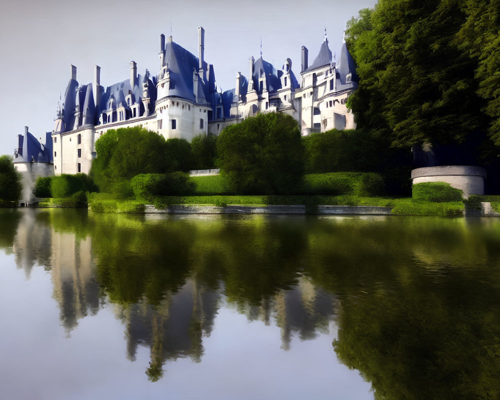 Majestic chateau with pointed roofs reflected in calm waters amid lush greenery