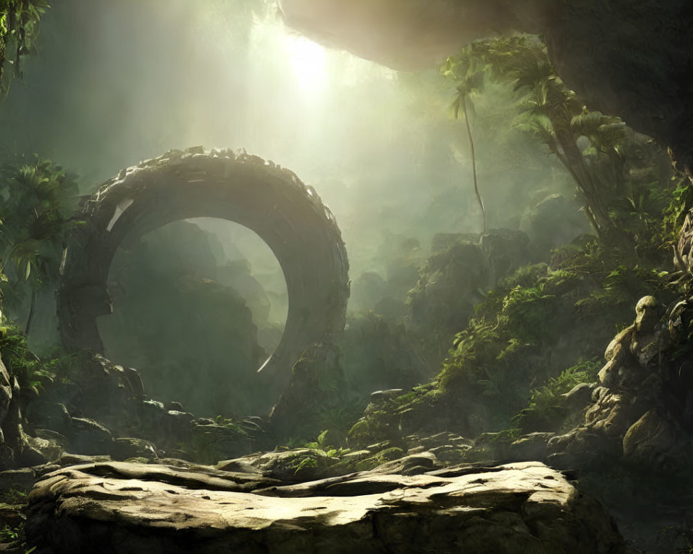 Sunlight filtering through dense jungle canopy on ancient stone arch in mystical forest.