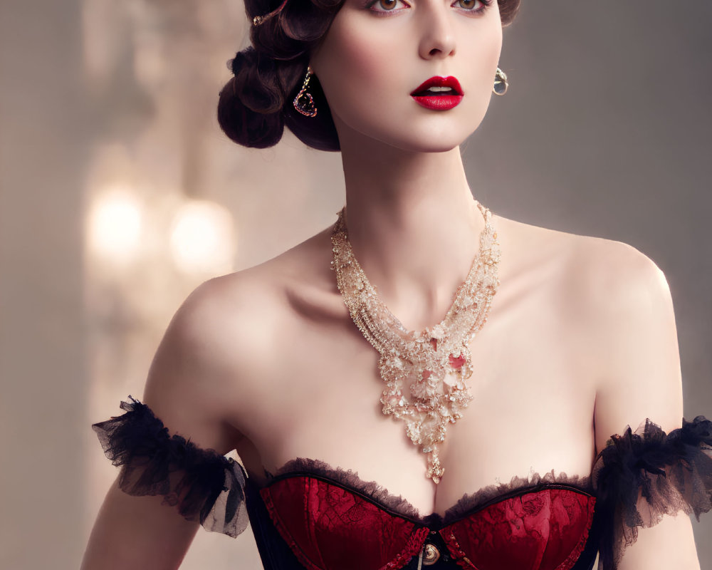 Elegant woman in red and black corset dress with gold necklace