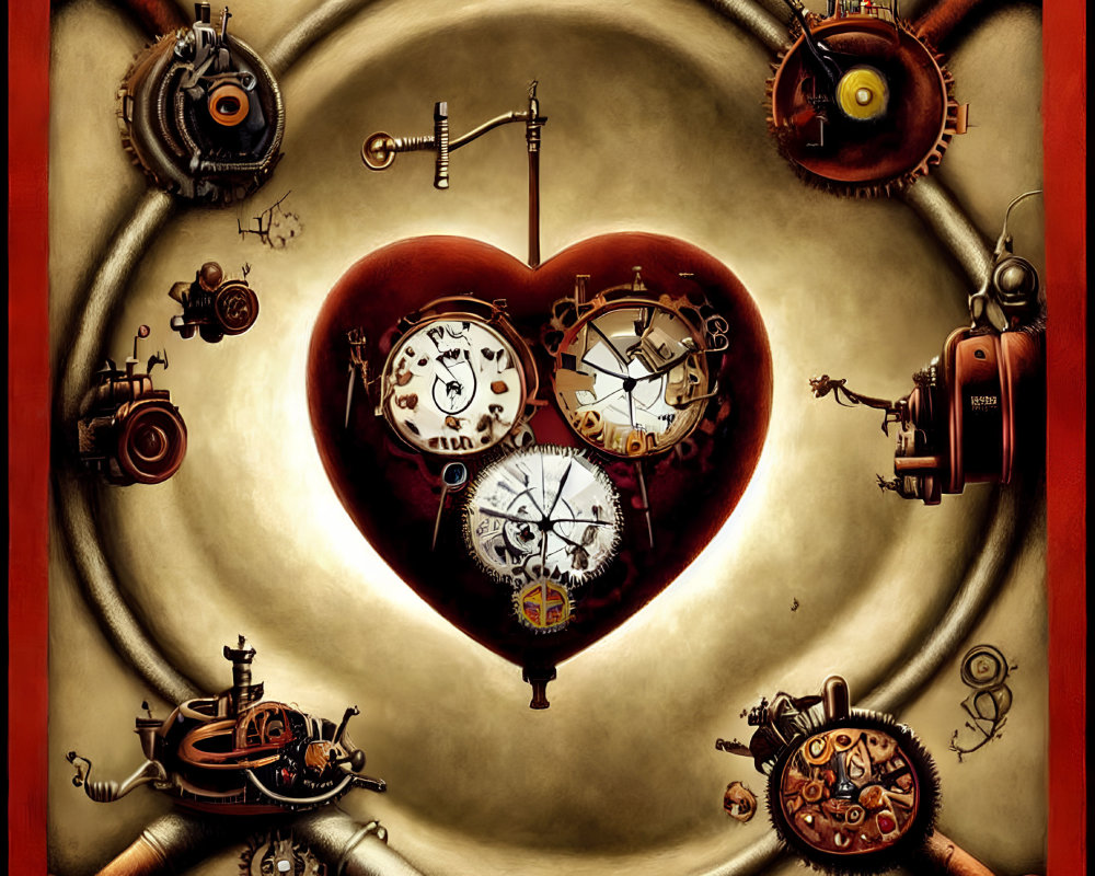 Steampunk-inspired artwork with mechanical heart and gears in sepia tones