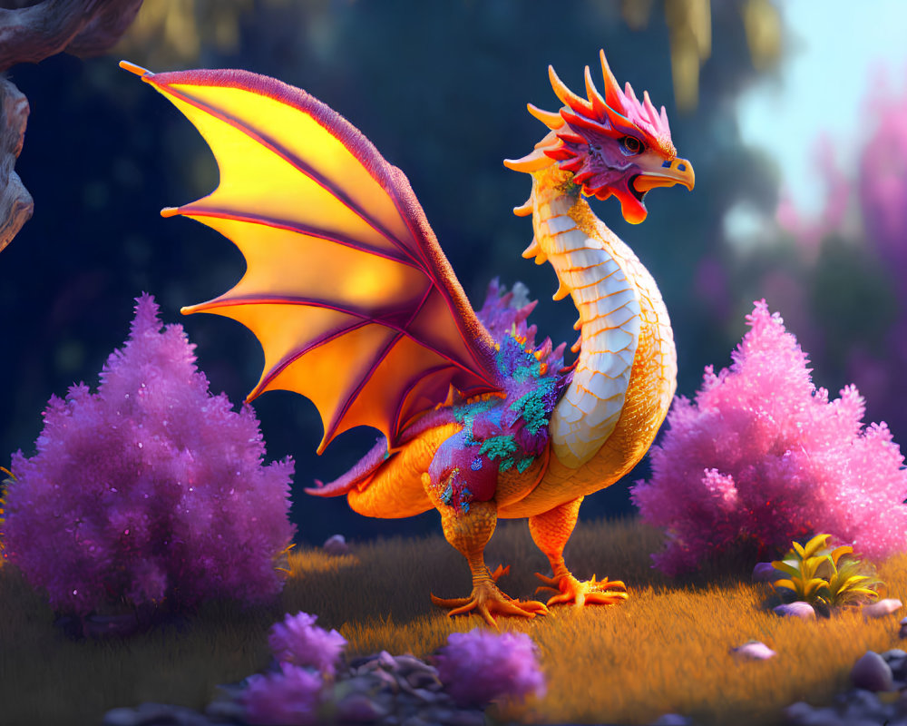 Colorful dragon with red wings in purple forest