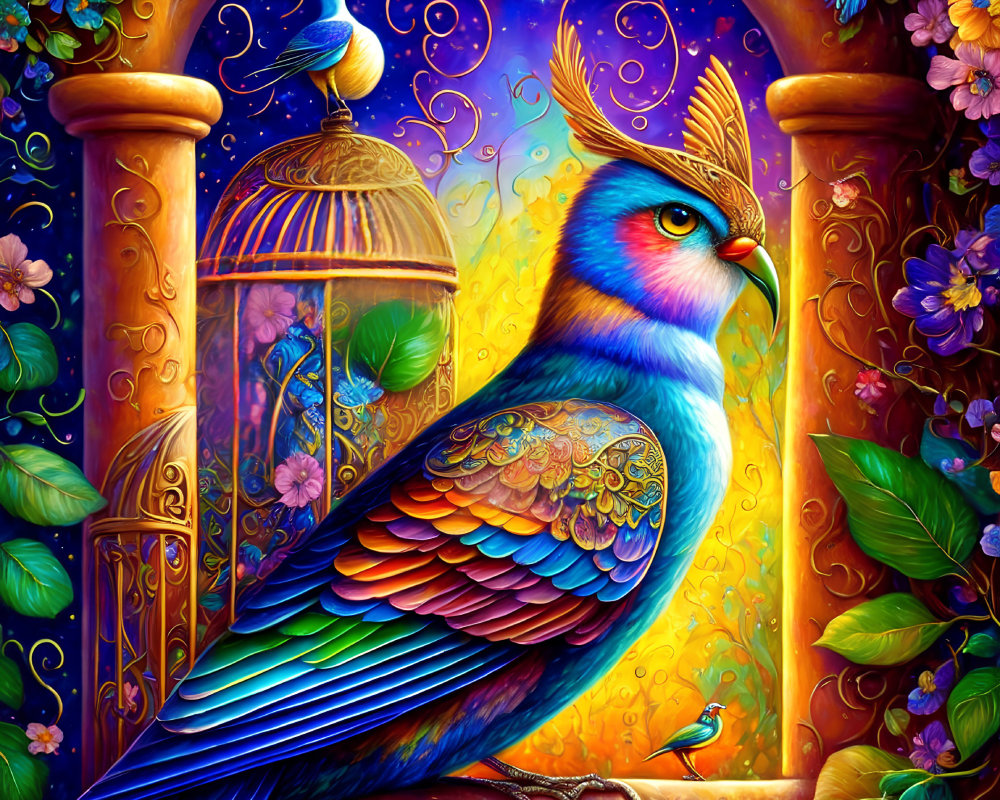 Colorful bird painting with cage, flowers, and starry sky