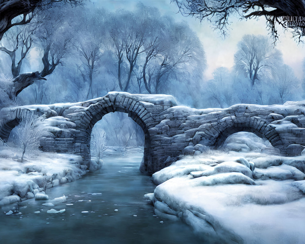Snow-covered wintry landscape with old stone bridge and frosted trees.