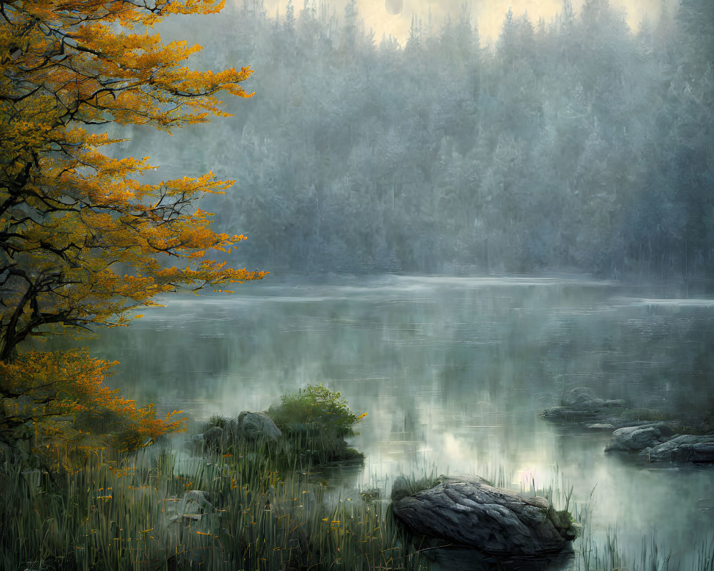 Tranquil autumn landscape with golden tree by misty lake