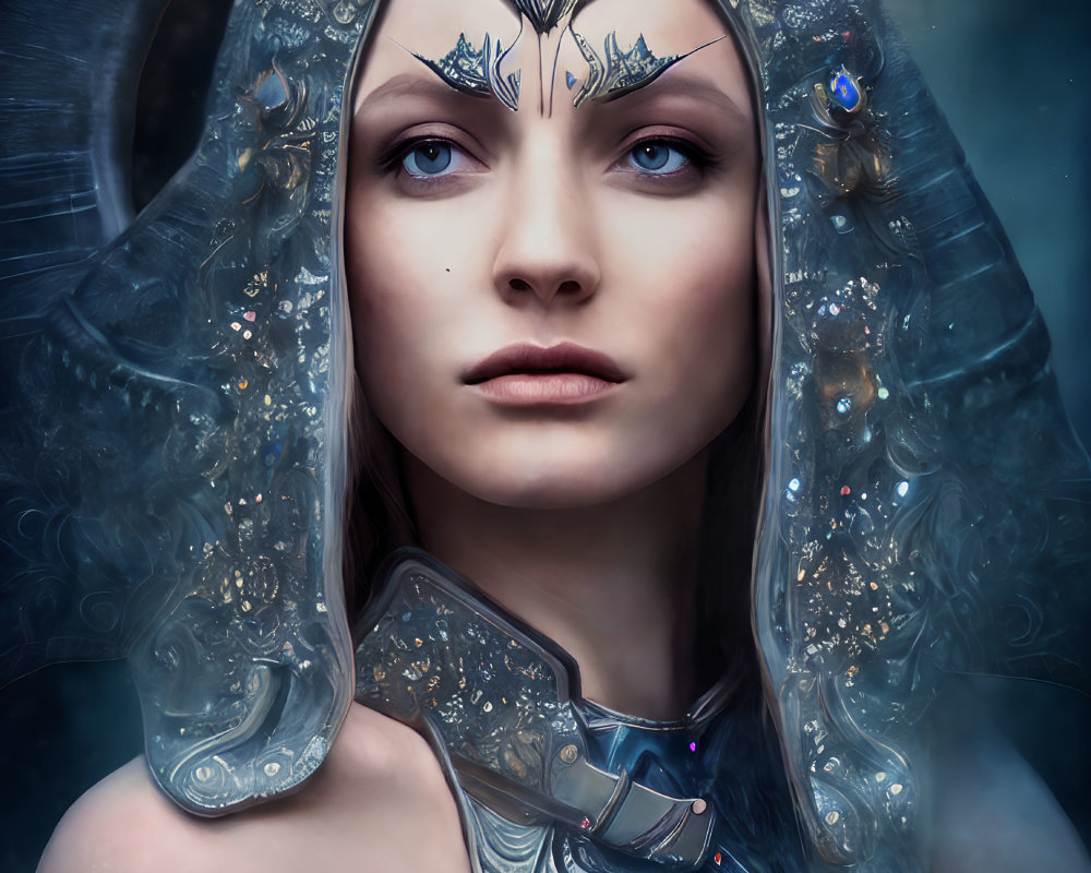 Woman with Blue Eyes and Silver Headdress in Fantasy Armor