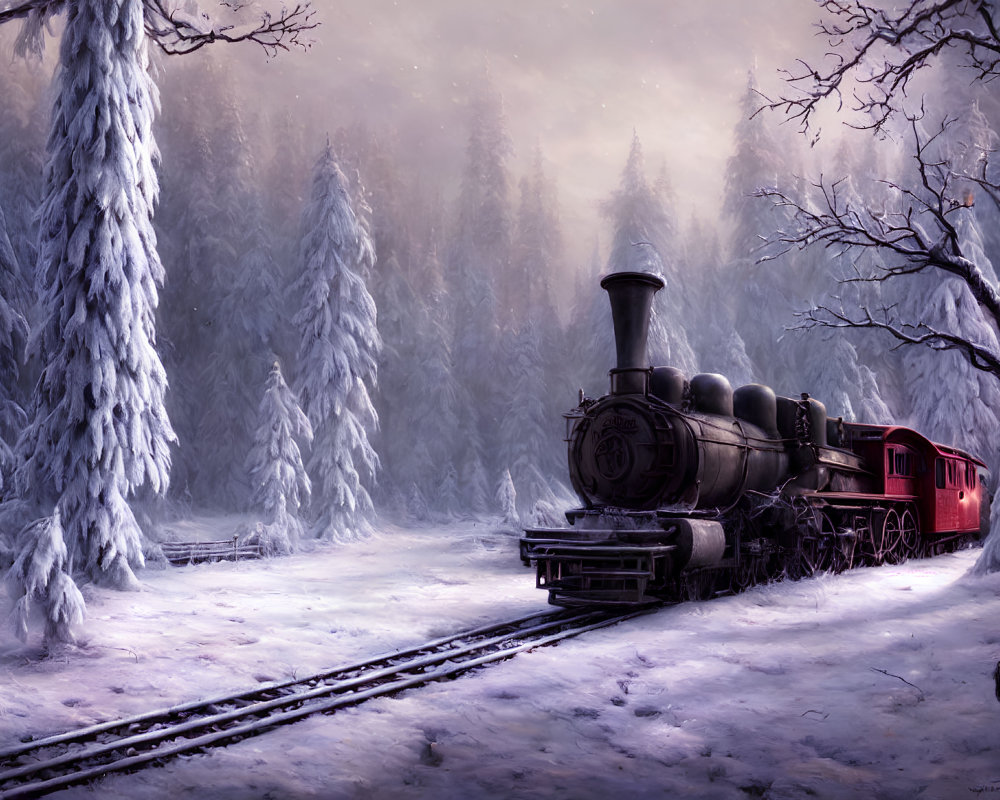 Vintage steam locomotive and red carriage on snow-covered tracks in winter forest scenery