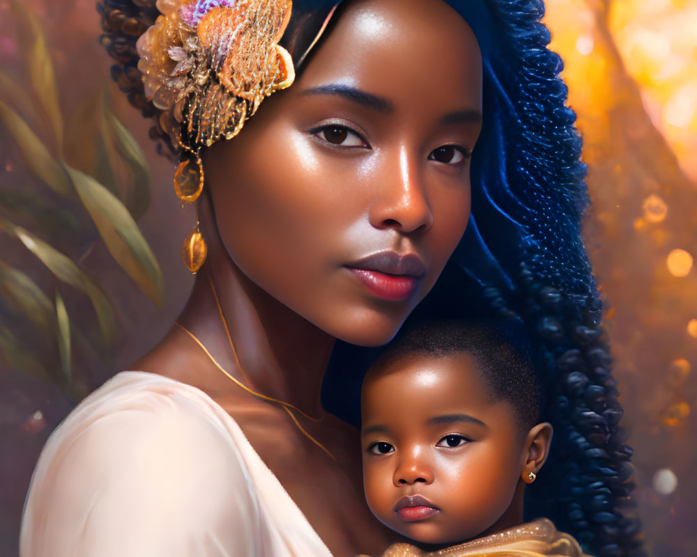 Portrait of a woman with decorative hairpiece holding a child against warm background
