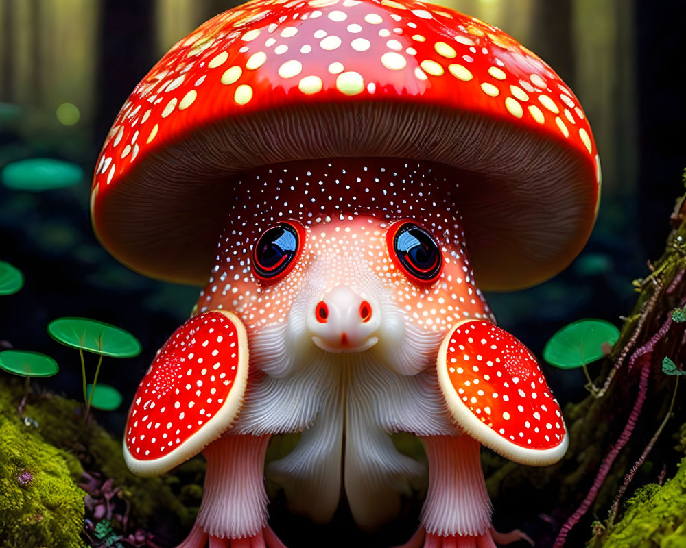 Illustration of whimsical creature with red mushroom cap head in enchanted forest