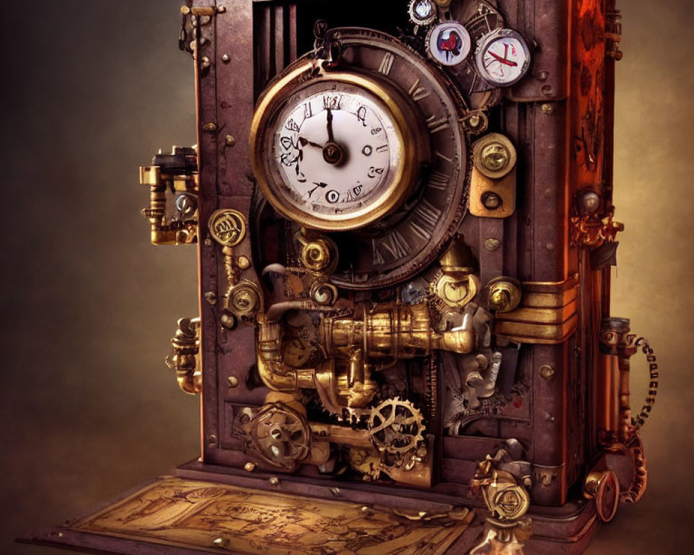 Intricate steampunk-style machine with clock face, dials, pipes, gears, symbols