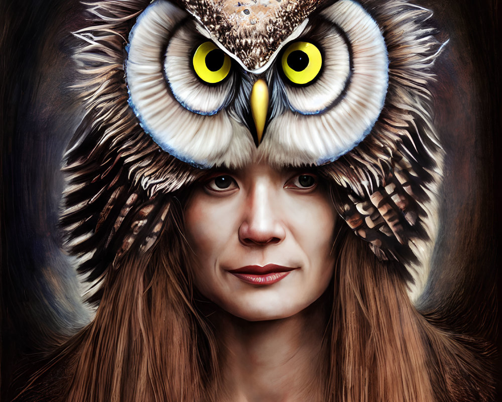 Woman wearing owl headpiece with yellow eyes and feathers.