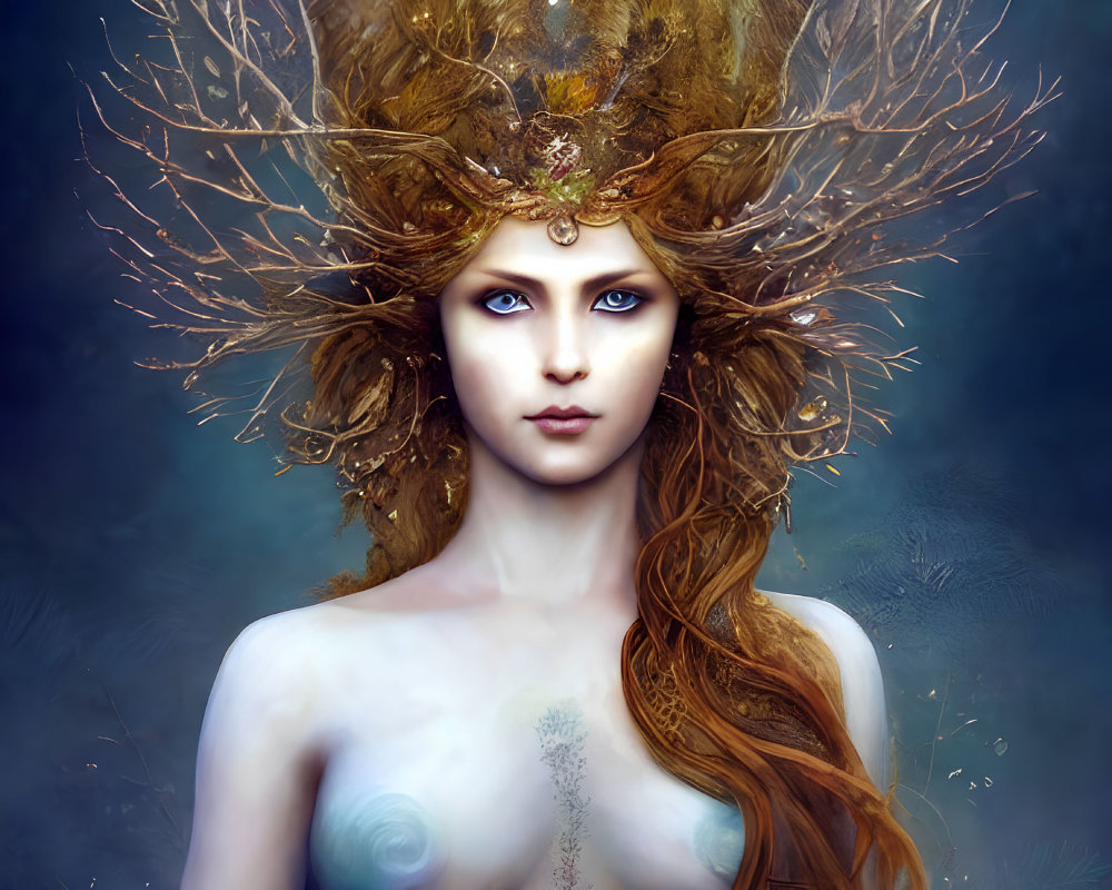 Mystical woman with tree branch headpiece and blue body paint on misty background
