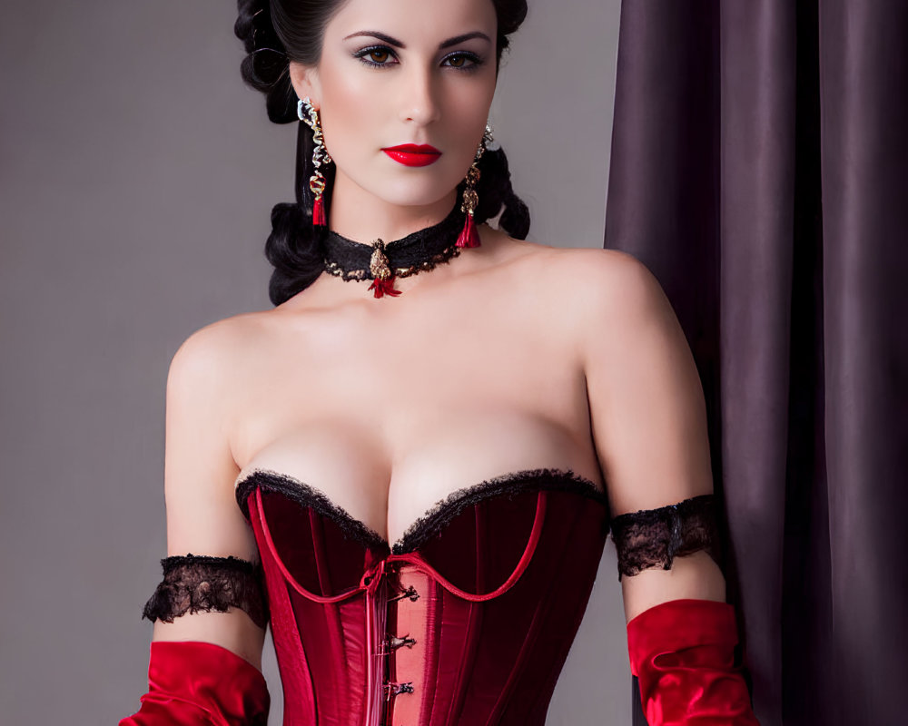 Dark-Haired Person in Vintage Style Red Corset and Satin Gloves