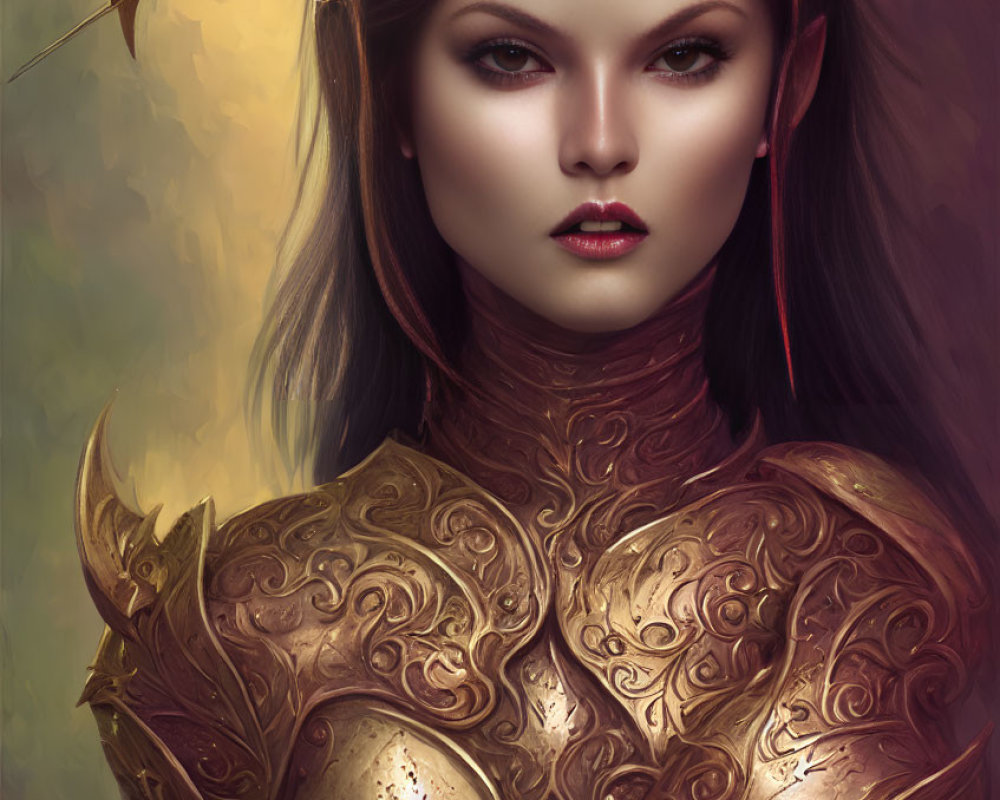 Regal woman in golden armor with elaborate helmet in digital fantasy painting