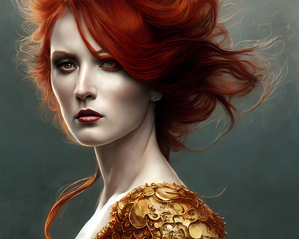 Digital portrait of woman with red hair and golden shoulder armor on muted background