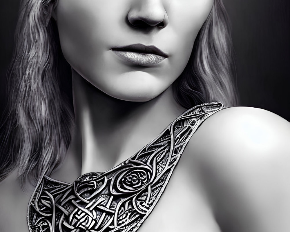Monochromatic image of woman with braided hair and Celtic-inspired accessories.