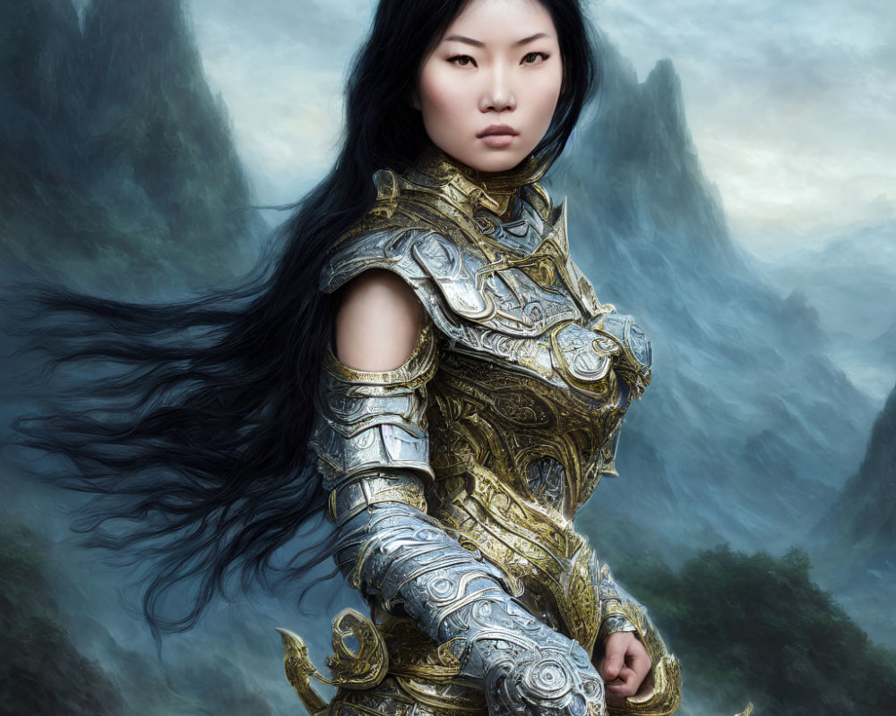 Asian warrior woman in silver and gold armor against misty mountains