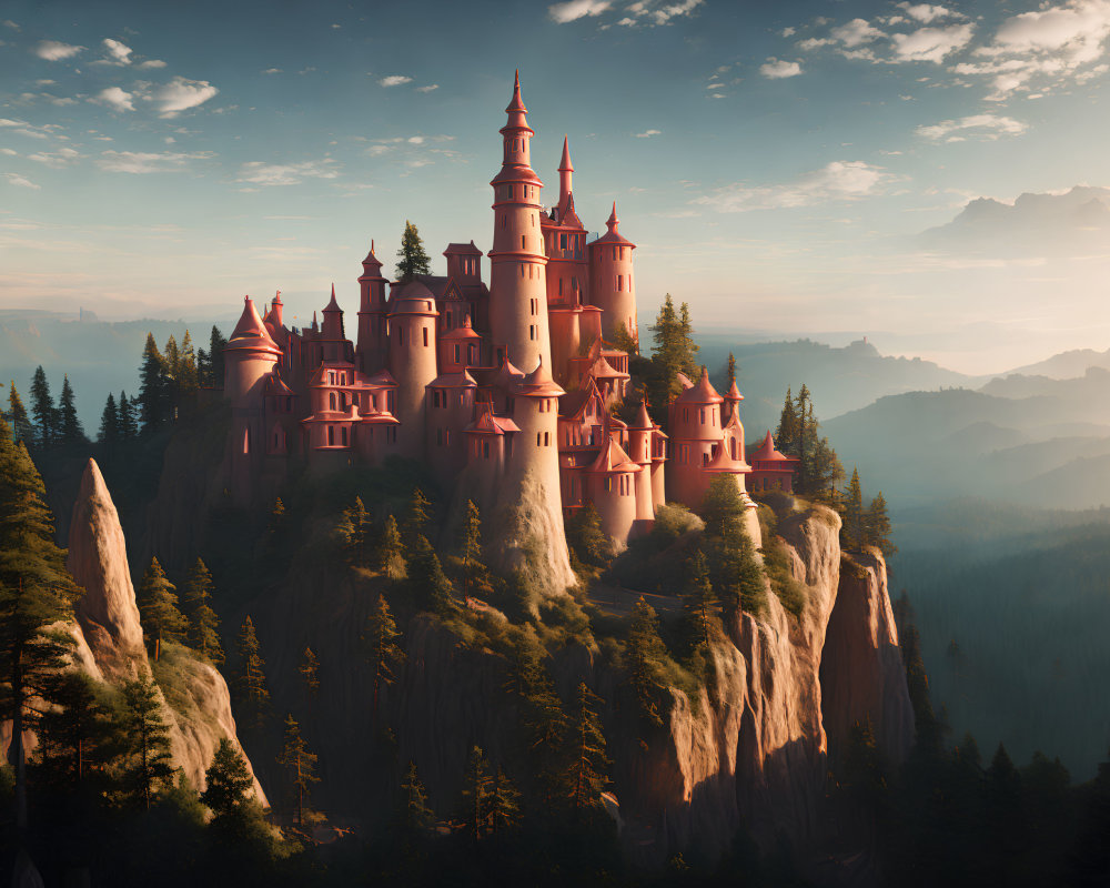 Majestic castle on cliff in pine forest at sunrise
