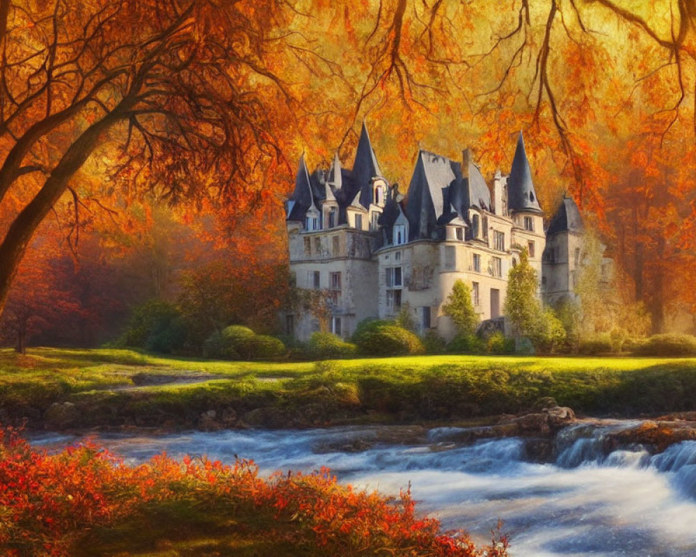 Majestic fairytale castle in vibrant autumn forest