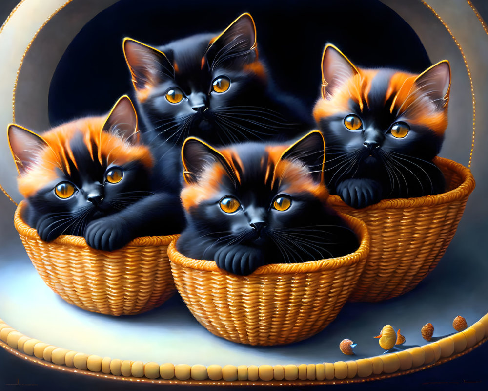 Four Black and Orange Kittens in Wicker Baskets on Reflective Surface