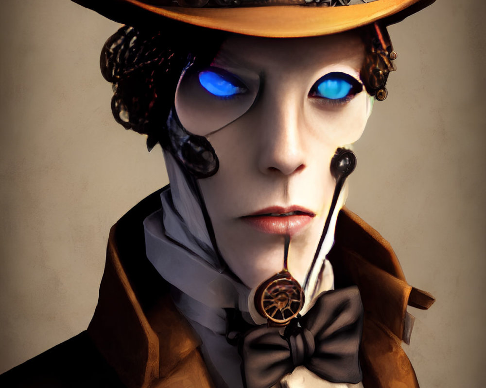Steampunk-inspired portrait with person in top hat and glowing blue eyes