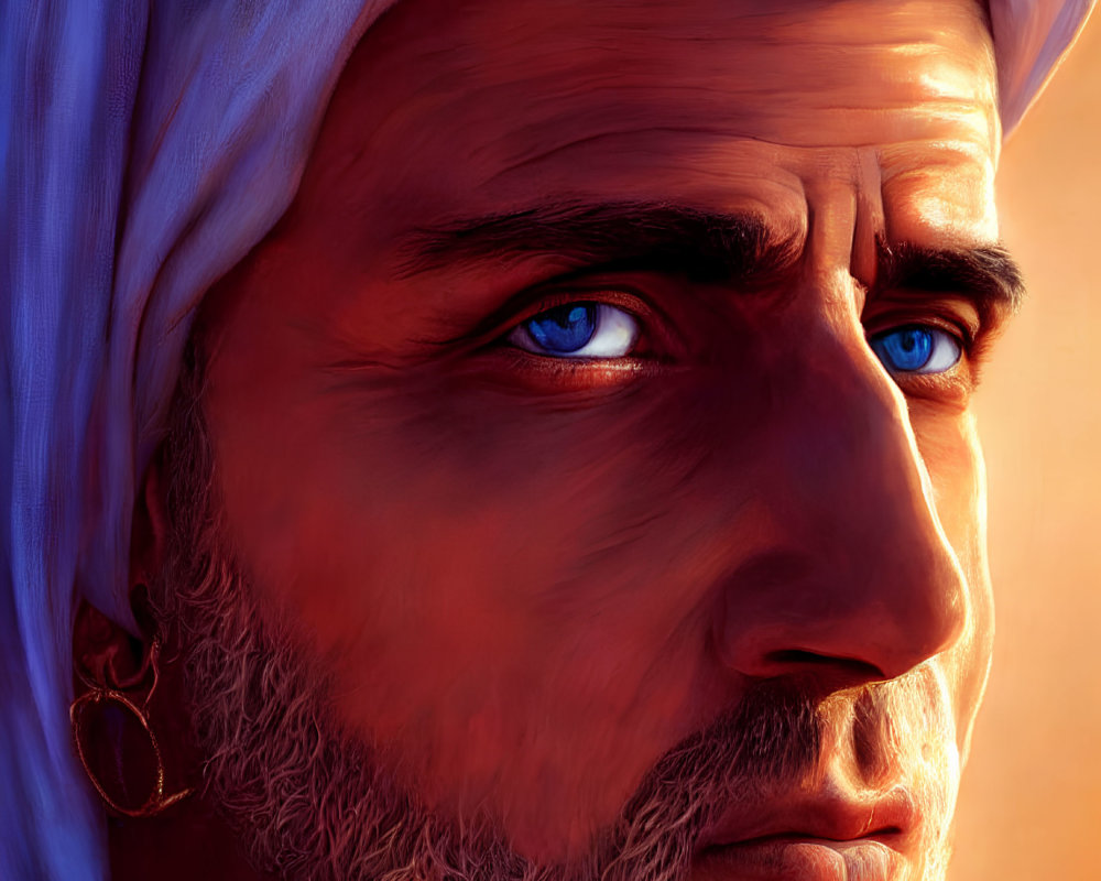Detailed digital portrait of man with blue eyes, white turban, and hoop earring