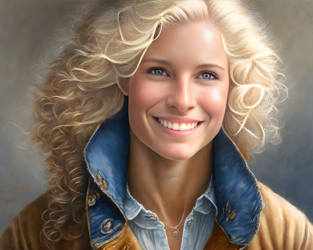 Blonde woman in blue jacket with gold details smiling