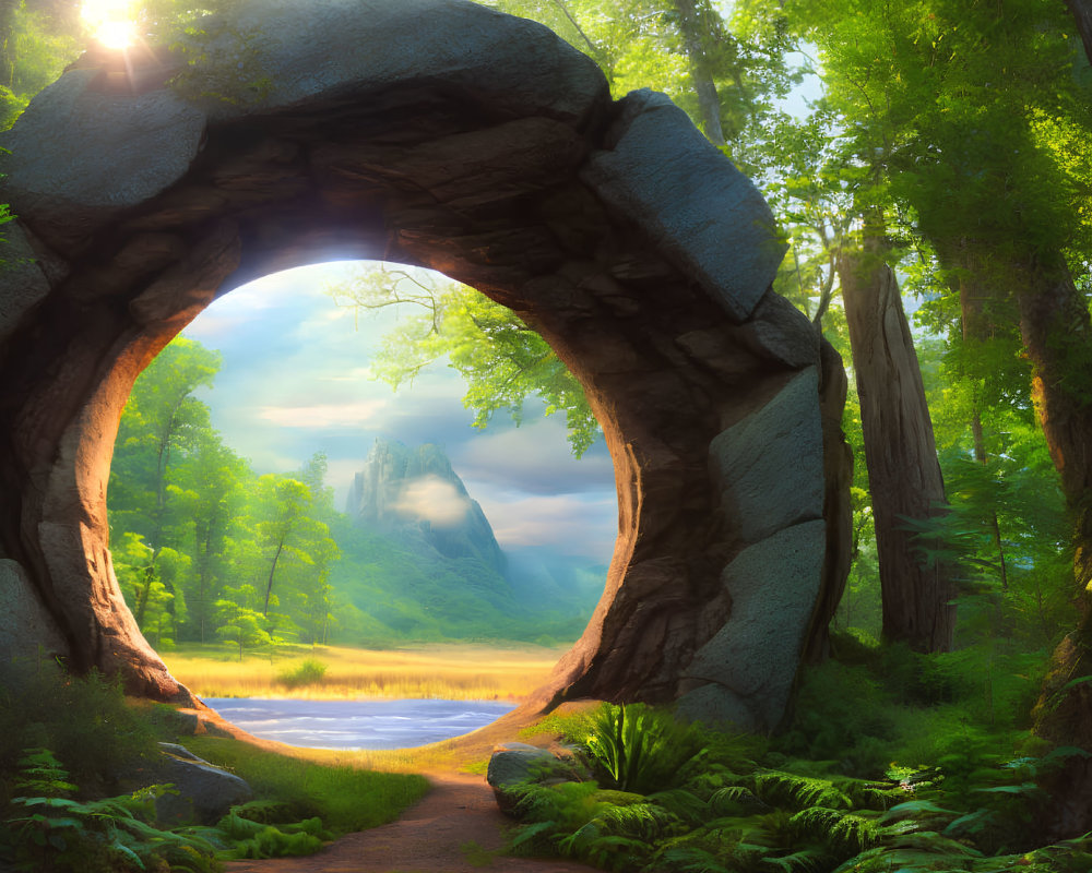 Natural rock archway frames serene lake with mountain, lush forest, and sunlit sky