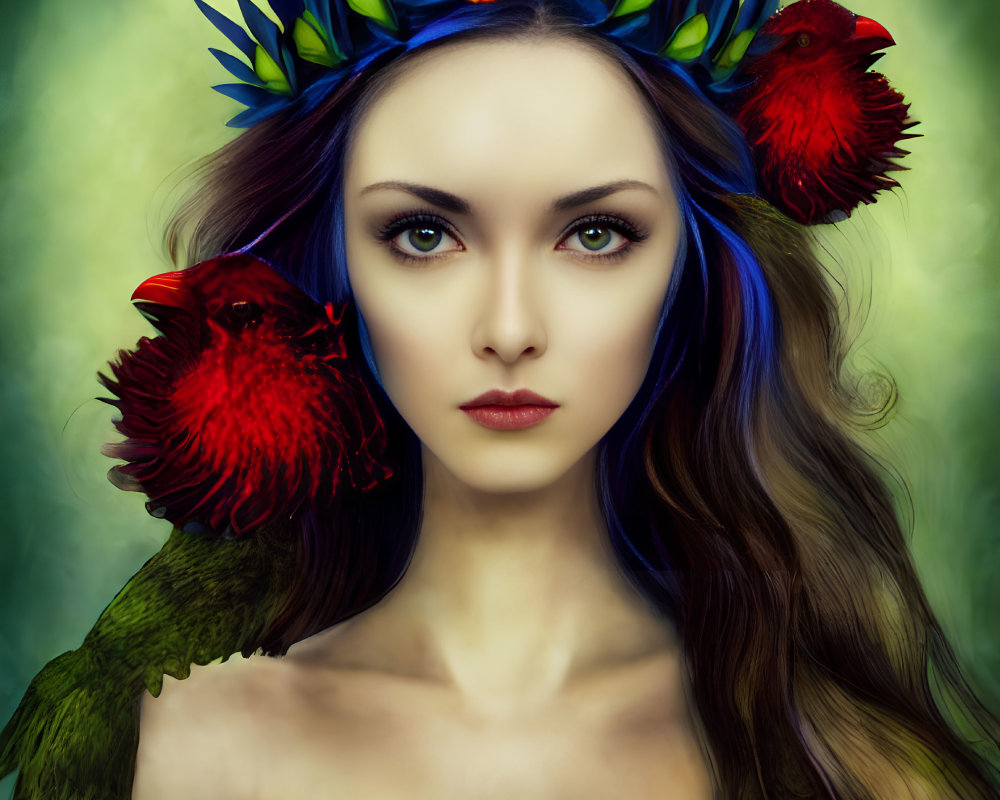 Woman with Blue Eyes, Purple Hair, Crown of Leaves, Red Birds, Green Background