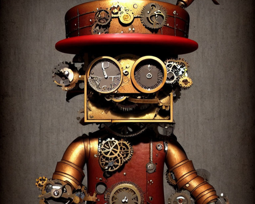 Steampunk-style robot with red top hat and mechanical elements on gray background