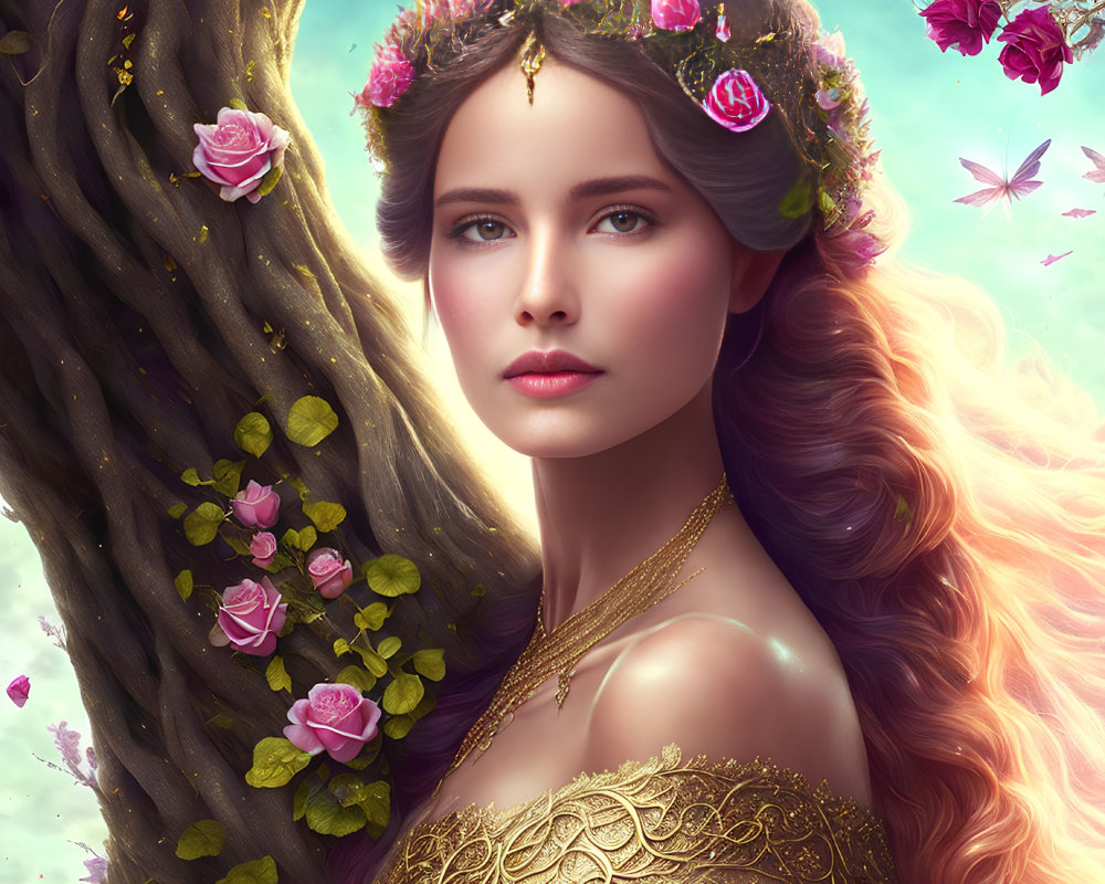 Woman with floral crown and butterflies in fantasy setting.