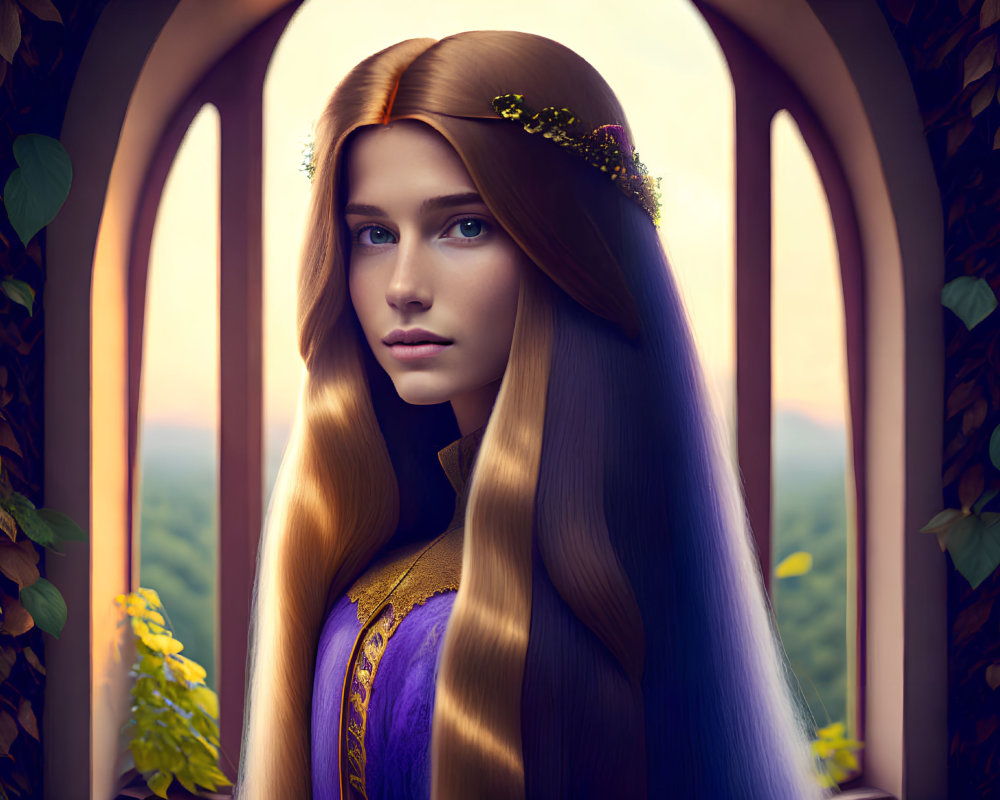 Woman with long hair and floral crown gazes through ivy-framed window at twilight.