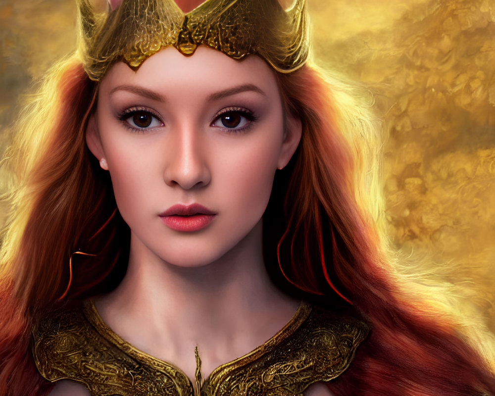 Digital artwork of a woman with red hair in ornate armor and golden crown against warm backdrop