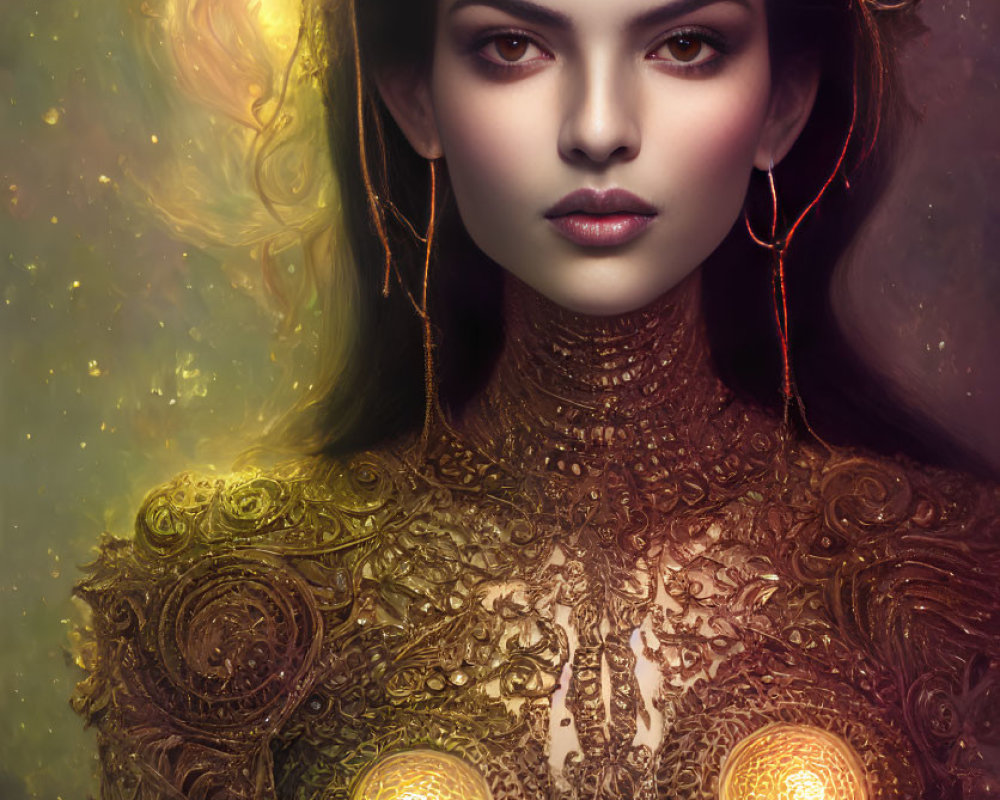 Illustrated woman in gold crown and ornate armor on warm-toned backdrop