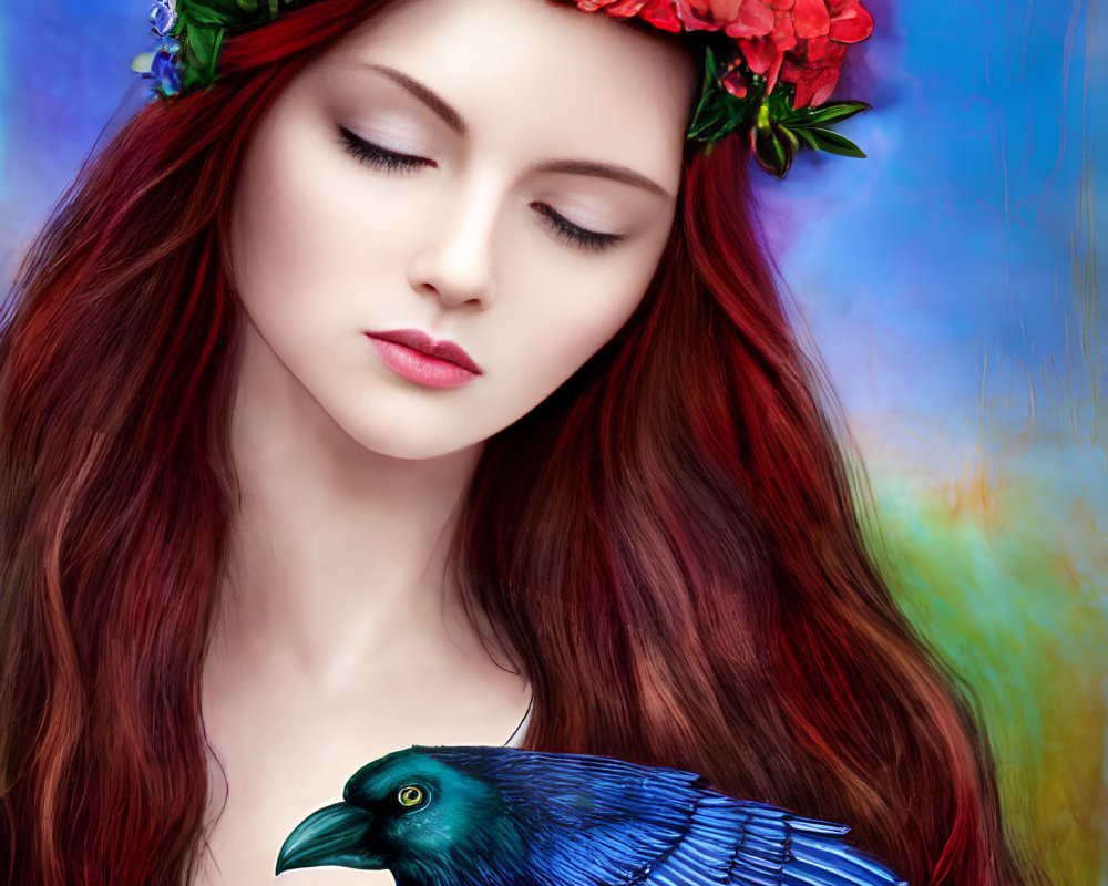 Red-haired woman with floral crown and blue raven on abstract background