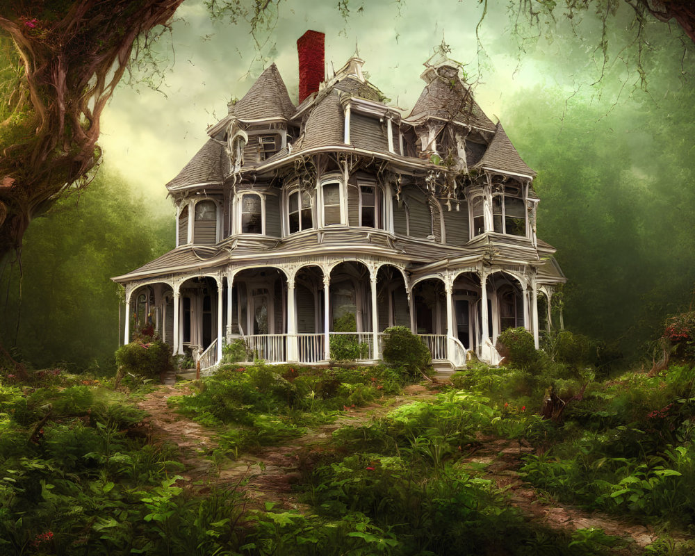 Eerie Victorian mansion in overgrown greenery and foggy backdrop