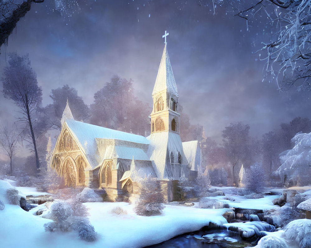 Snow-covered church beside frozen stream under twilight sky.