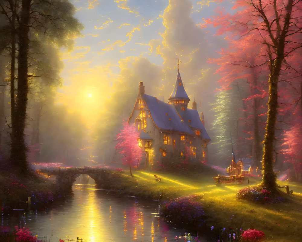 Charming cottage by river at sunset with glowing windows and magical ambiance