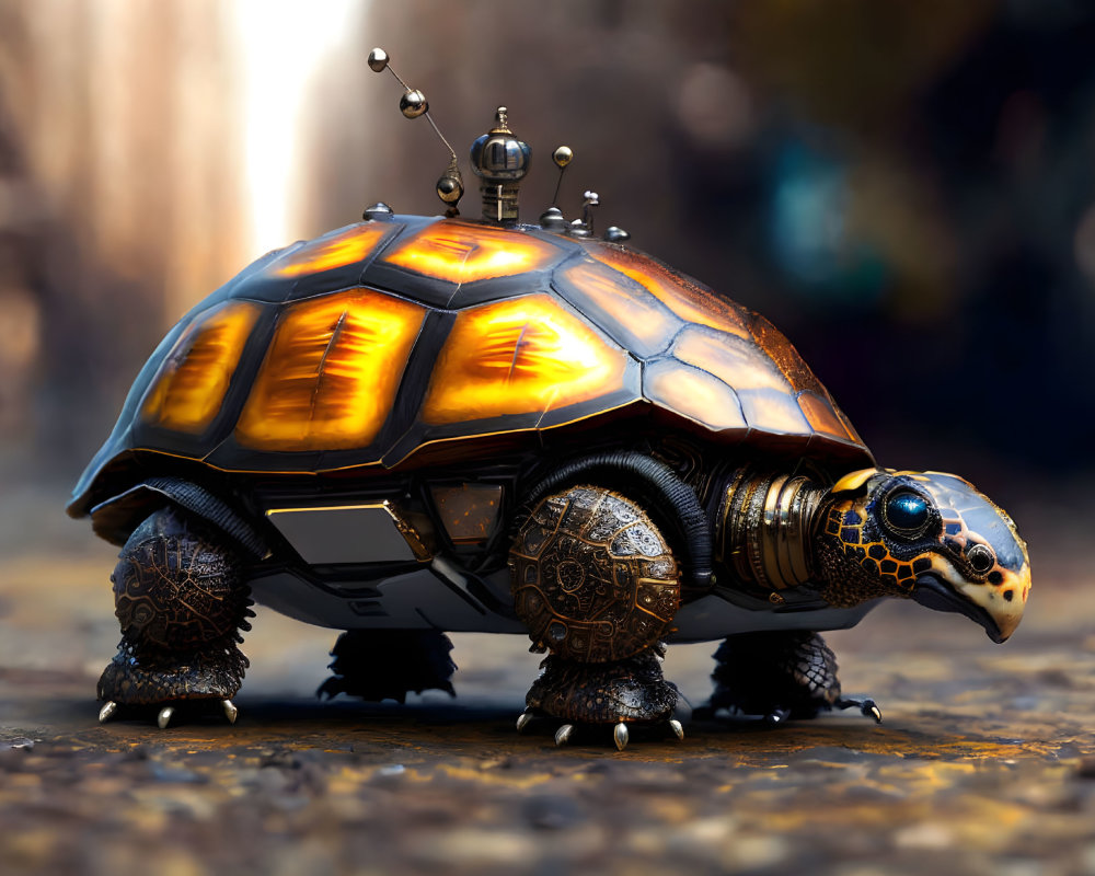 Mechanical Turtle with Glowing Shell and Robotic Appendages