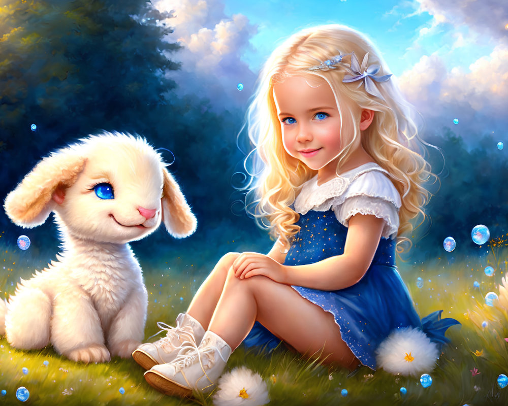 Blonde girl in blue dress with lamb in sunny field