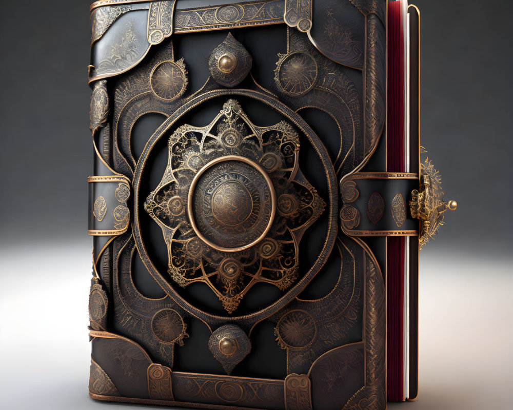 Intricate Leather-Bound Book with Metal Detailing and Mandala Design