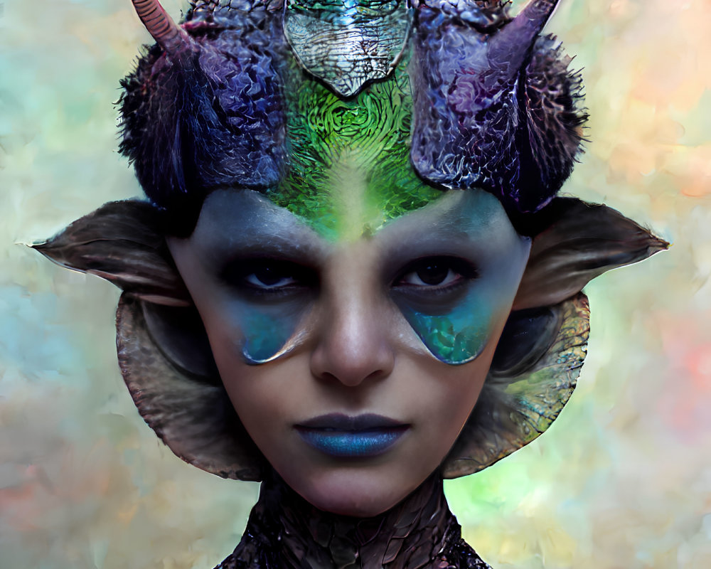 Fantasy portrait: Female creature with horns, blue and green skin, reptilian features, intricate he