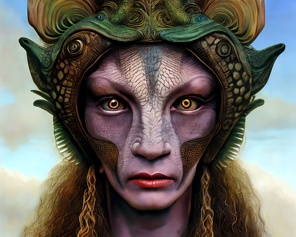 Fantastical portrait of character with scaly skin and serpent headgear